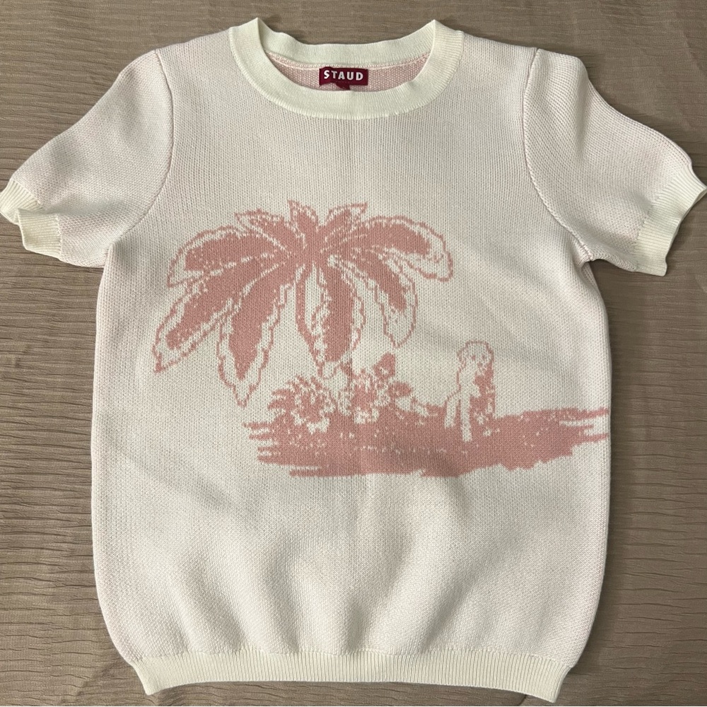 STAUD Cream Short-Sleeve Sweater with Pink Palm Motif